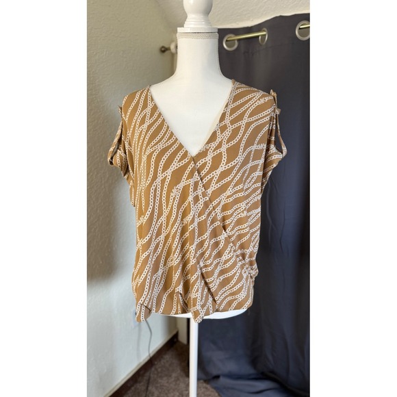 Michael Kors Tops - Michael Kors Women Medium Tan Chain Link MK Logo Faux Wrap V-Neck Blouse Top